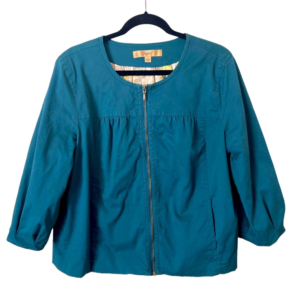 Motto Blue-Green Zip Front Balloon Sleeve Lightweight Jacket Blazer